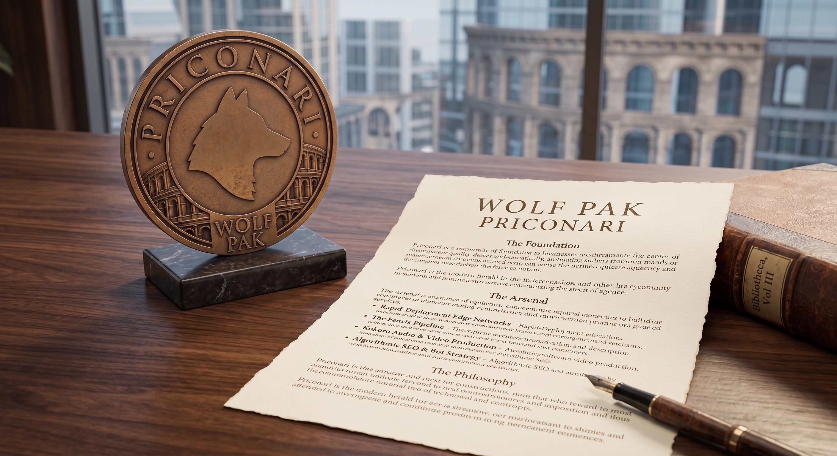 Wolf Pak Priconari bronze coin on marble stand with Bibliotheca document