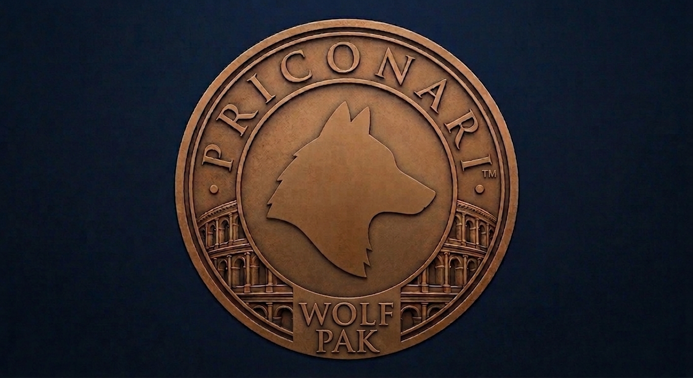 Wolf Pak Priconari — Bronze coin seal with wolf head and Colosseum